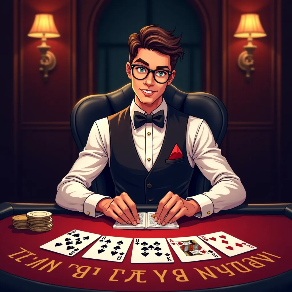 Cartoon live dealer studio with neon casino lighting